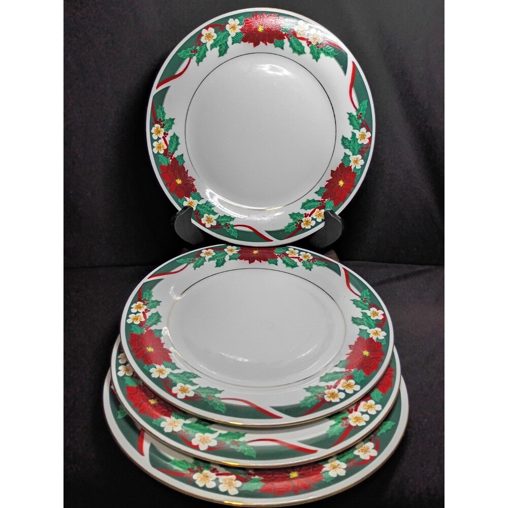 Tienshan Deck the Halls Dinner Plates Set of 4 10.5" Christmas Poinsettia